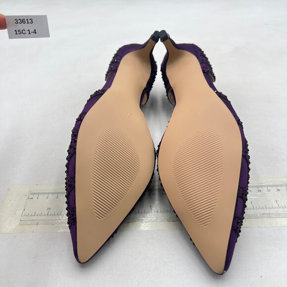 XYD Purple Pointed Toe D'Orsay Kitten Heel Rhinestone Studs Slip-On Satin Shoes - Picture 7 of 8